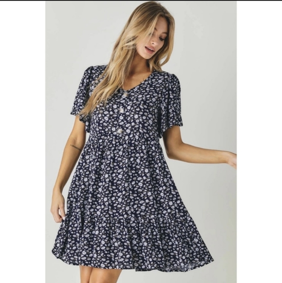 DAVI & DANI- Ditzy Floral, Swing, Ruffled Mini Dress in mustard yellow - Picture 13 of 14